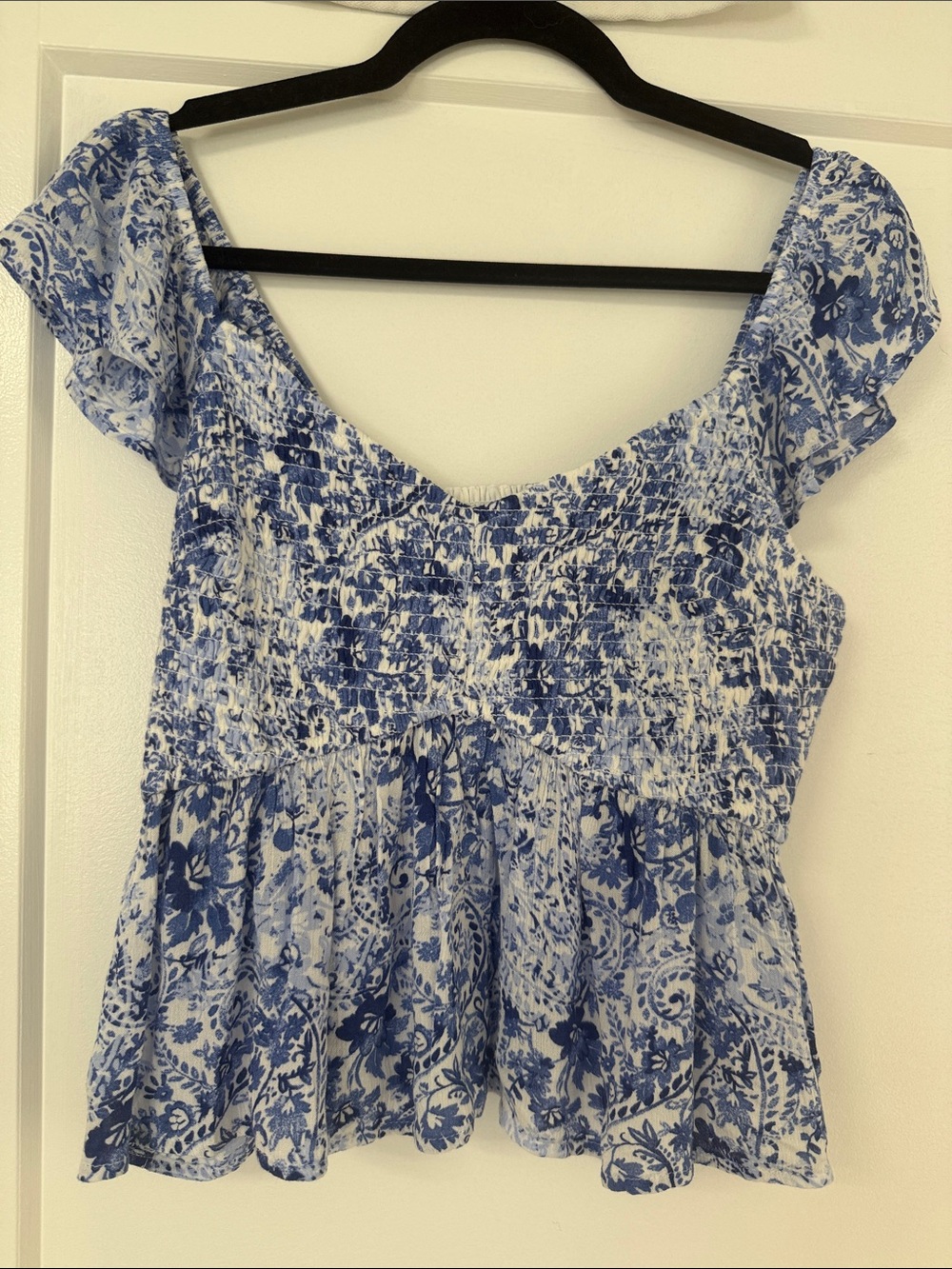 Hollister Blue Floral Smocked Flutter-Sleeve Top